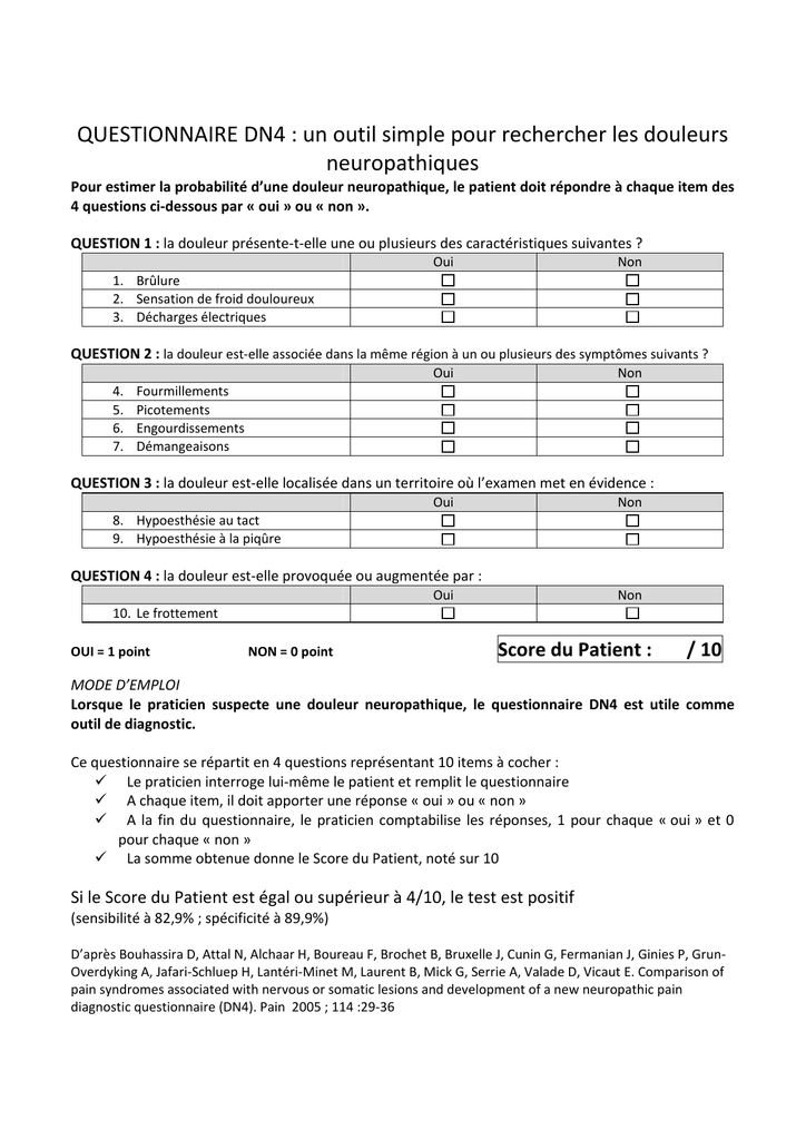 Questionnaire Dn4 Institut Upsa De La Douleur Manualzz