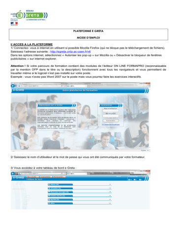 Plateforme E Greta Mode D`emploi I/ Acces A La | Manualzz