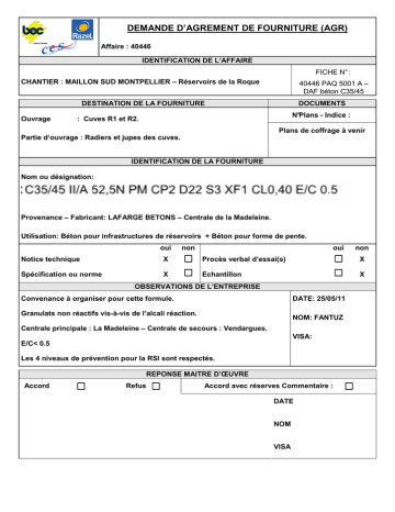 Demande D'agrément De Fourniture Béton C35/45 II/A 52,5N PM CP2 D22 S3 ...