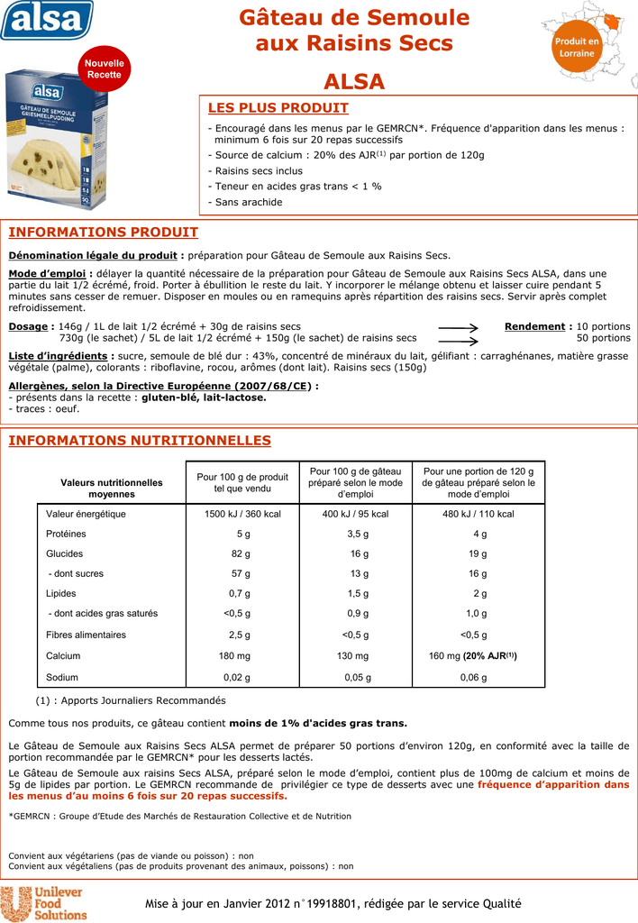 Gateau De Semoule Aux Raisins Secs Alsa Manualzz