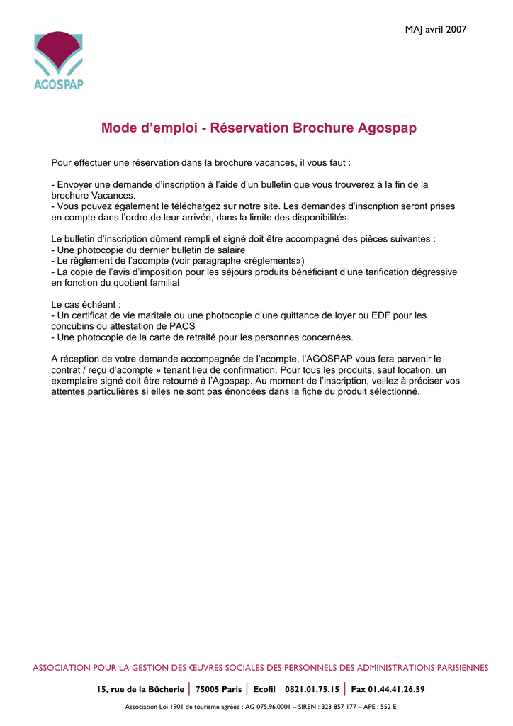 Mode D Emploi Reservation Brochure Agospap Manualzz