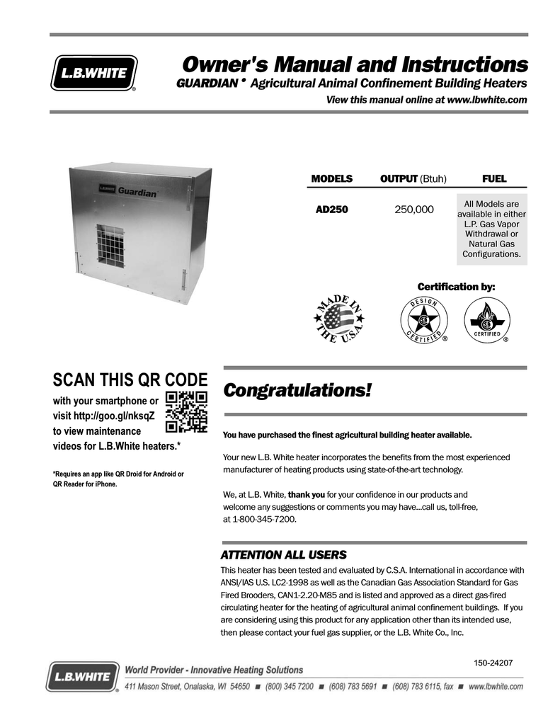 Guardian Forced Air Heater AD250 (Spark Ignition) Manualzz