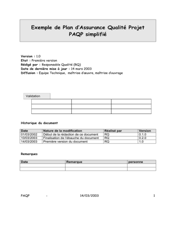 Exemple De Plan D Assurance Qualite Projet Paqp Simplifie Manualzz