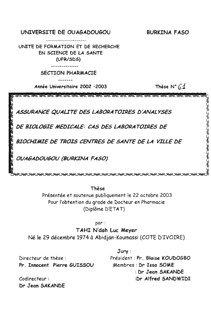 These Biologie Medicale - Titre De La Thèse