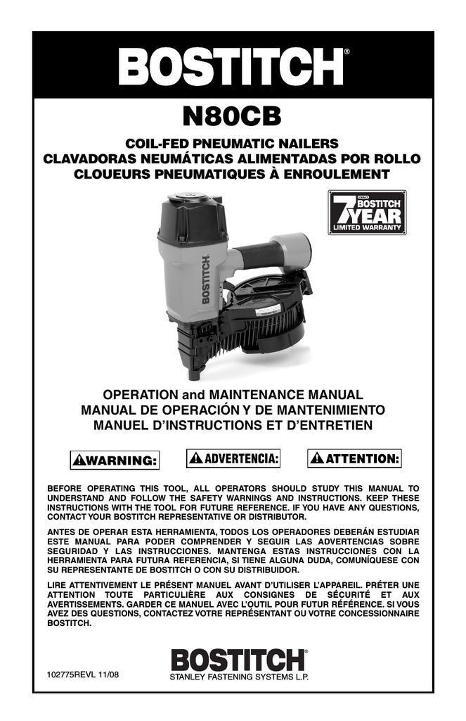 Bostitch N80CB, N80CB1ML, N80CB1, N80CBHQ, N80CBMLPAL User manual