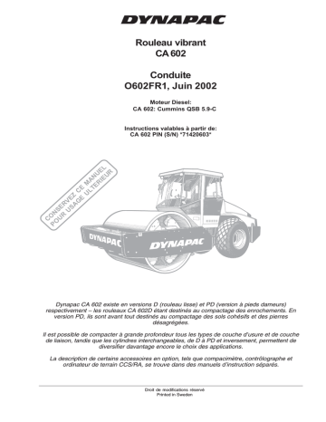 Rouleau vibrant CA 602 Conduite O602FR1, Juin 2002 | Manualzz