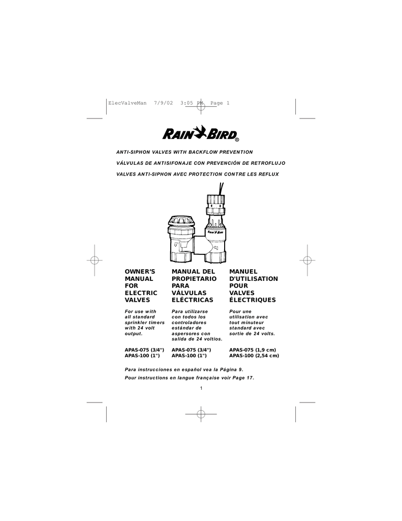 Rain Bird APAS Electric AntiSiphon Valve Owner`s Manualzz