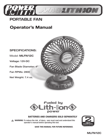 PowerSmith MLFN12C Cordless Work Fan, 12 Volt Owner's Manual | Manualzz
