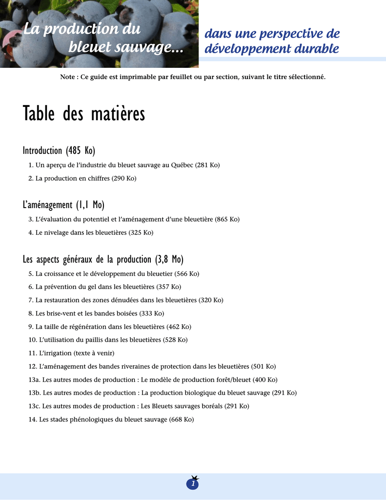 Table Des Matières - Bleuets Nb Blueberries | Manualzz