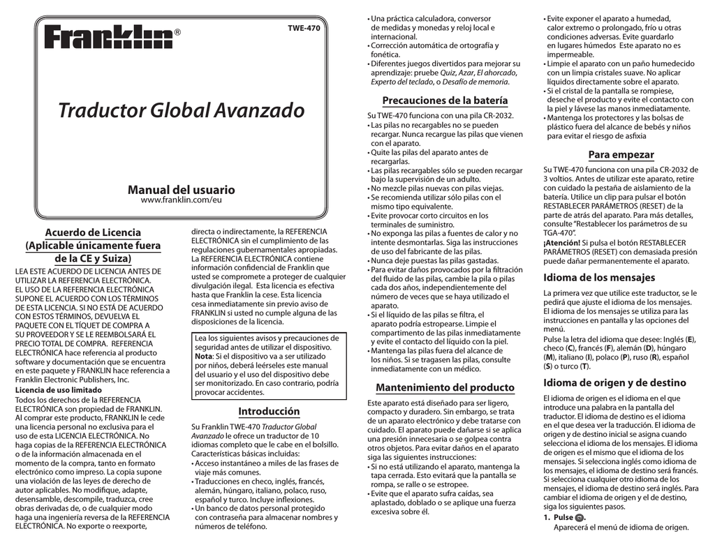 Traductor Global Avanzado Franklin Electronic Publishers Inc Manualzz