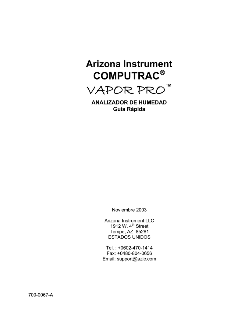 Arizona Instrument COMPUTRAC VAPOR PRO Quick guide Manualzz