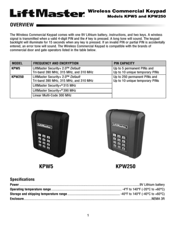 0137534 Wireless Commercial Keypad Models KPW5 | Manualzz