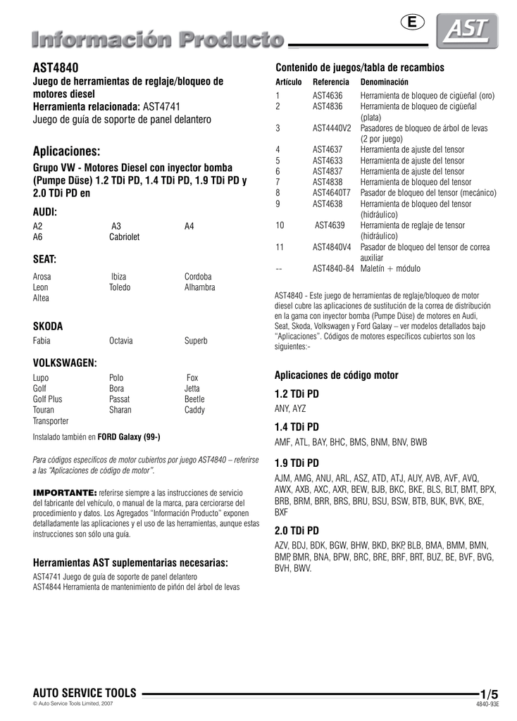 1.2 1.4 1.9 2.0 Tdi Pd SANON Kit de Herramientas de Levas de Cig/üe/ñal Del Motor Diesel para Aud