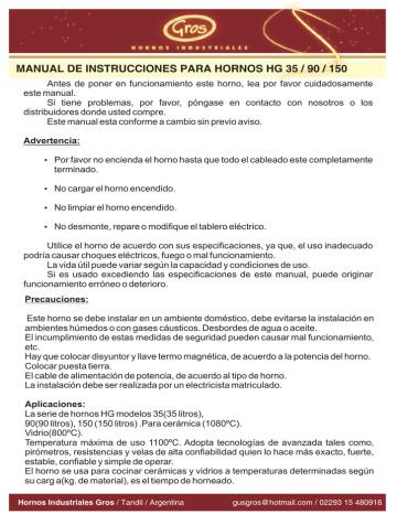 MANUAL DE INSTRUCCIONES PARA HORNOS HG 35 / 90 / 150 | Manualzz