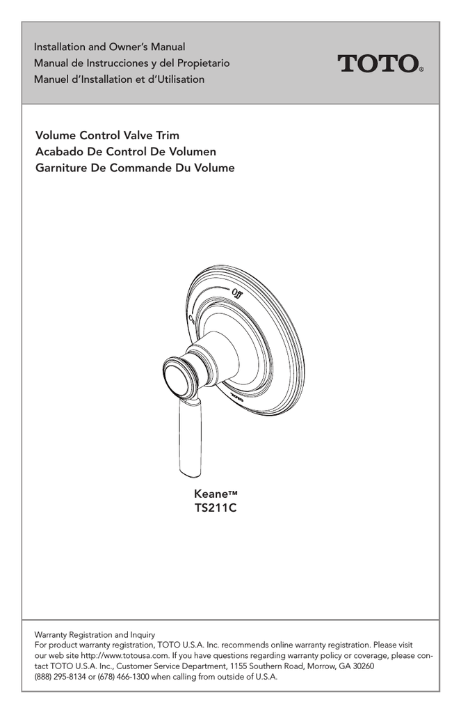 TOTO CP Keane™ Wall Mount Volume Control Valve Trim Installation Manual