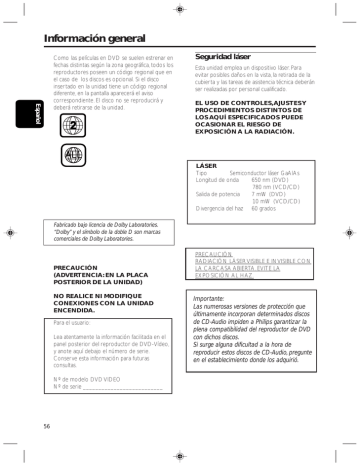 Especificaciones. Philips DVD625 | Manualzz