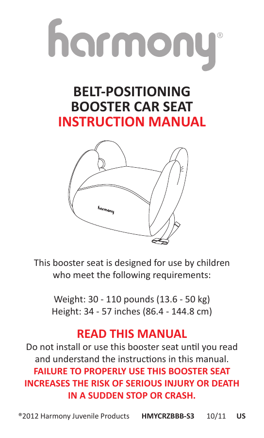Harmony BeltPositioning Booster Car Seat Instruction manual Manualzz