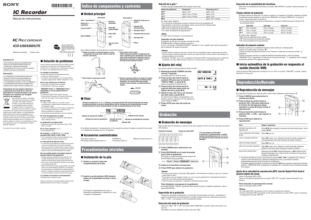 Sony Icd U60 Icd U50 Icd U70 Icd U60 Owner S Manual Manualzz