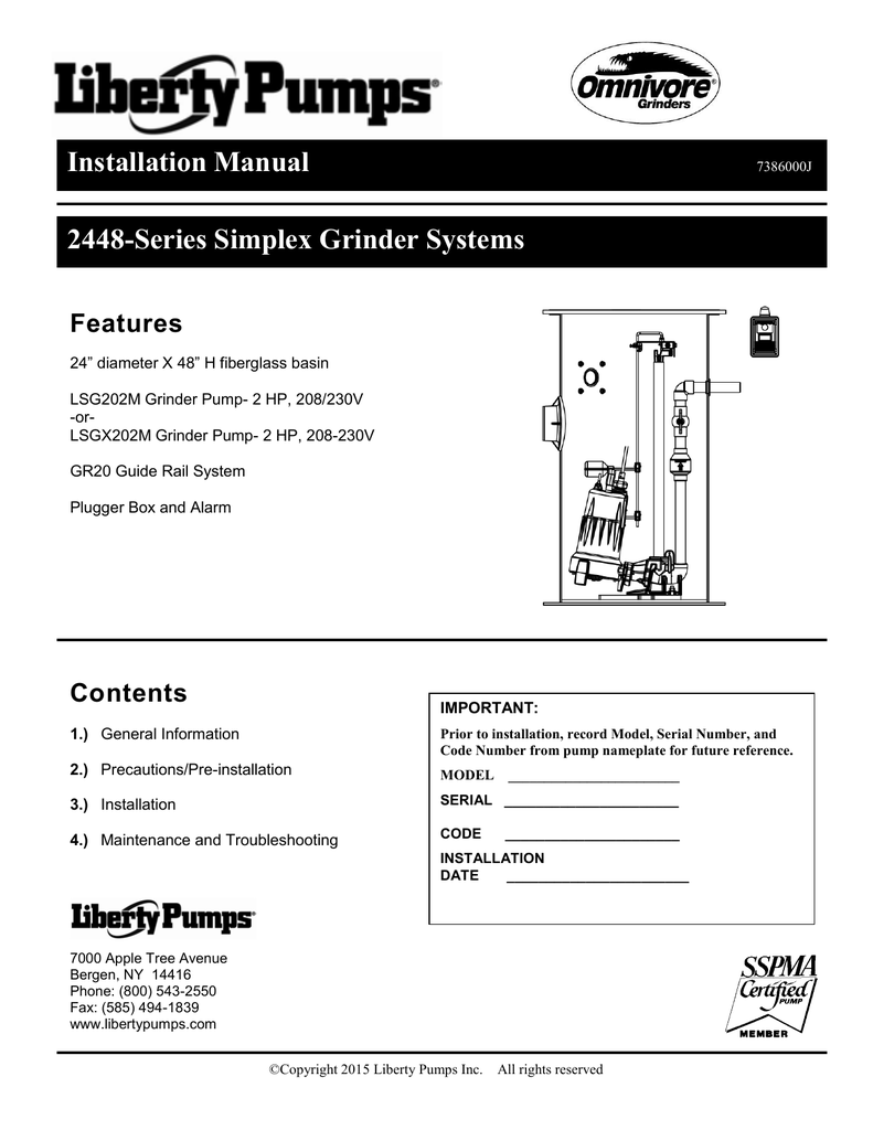 Installation Manual 2448Series Simplex Grinder Manualzz