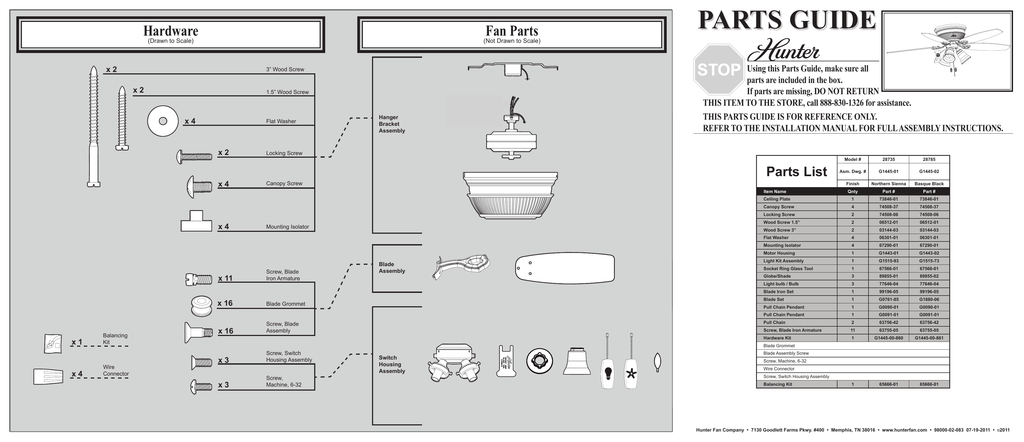 PARTS GUIDE - Hunter Fan | Manualzz