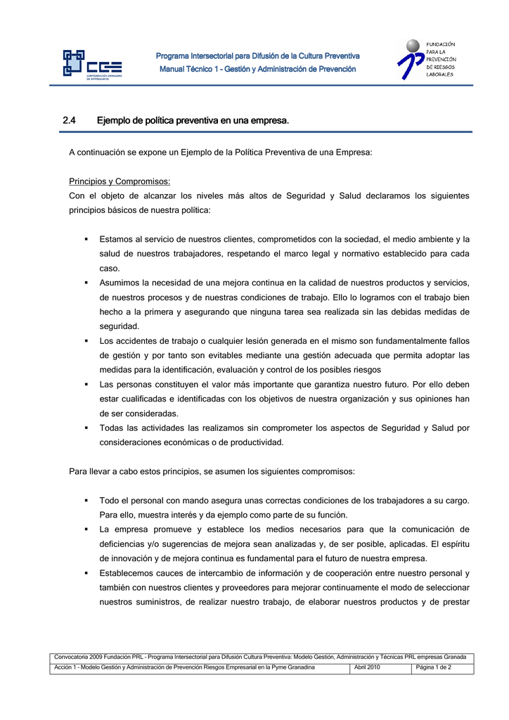 2 4 Ejemplo De Politica Preventiva En Una Empresa Ejemplo De Manualzz