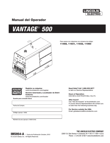 Lincoln Electric Vantage 500 (Deutz) - 13175 Instrucciones De Operación ...