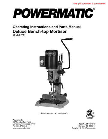 Powermatic Model 701 Bench Top Mortiser  Instruction & Parts Manual *305 