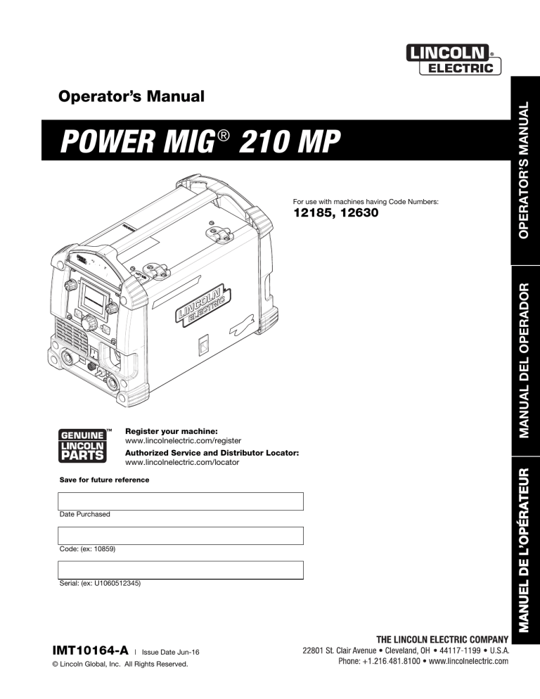 Lincoln Electric POWER MIG 210 MP Operating instructions | Manualzz