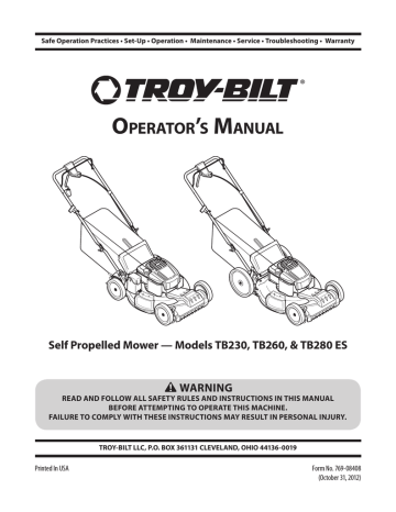 Troy Bilt 12AVB25U711 TB230 Self Propelled Lawn Mower Operators