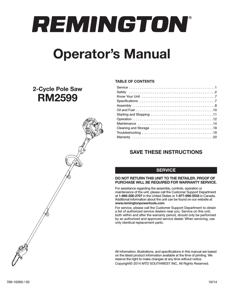 Remington RM2599 Maverick Pole Saw Manual Manualzz