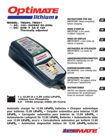 OptiMate TecMate Lithium LFP Select, TM-270, Caricatore e mantenitore ermetico RI Carica con Recupero di Batteria a Dieci Fasi da 12.8V 9.5A / 16 V 7.5A