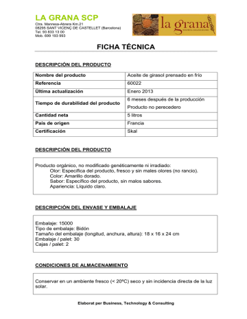 Ficha técnica aceite de girasol 1º presion ecol | Manualzz