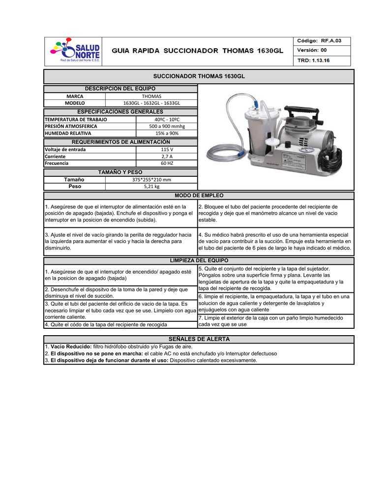 SUCCIONADOR THOMAS 1630GL SEÑALES DE ALERTA | Manualzz