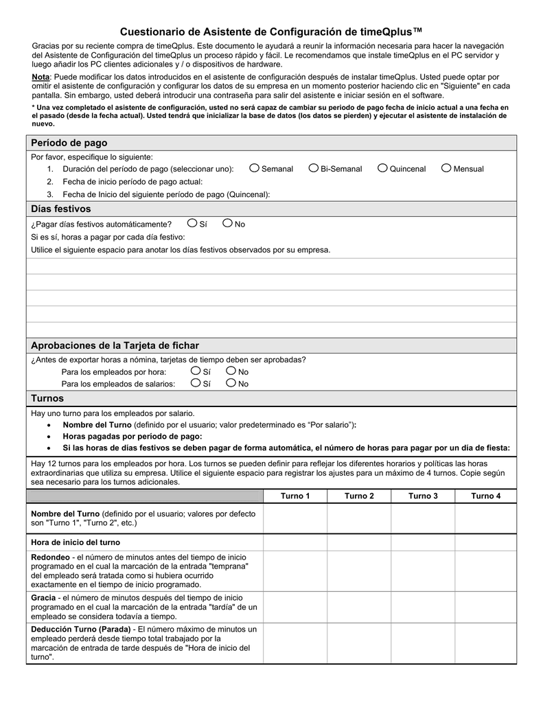 Cuestionario De Asistente De Configuracion De Timeqplus Manualzz