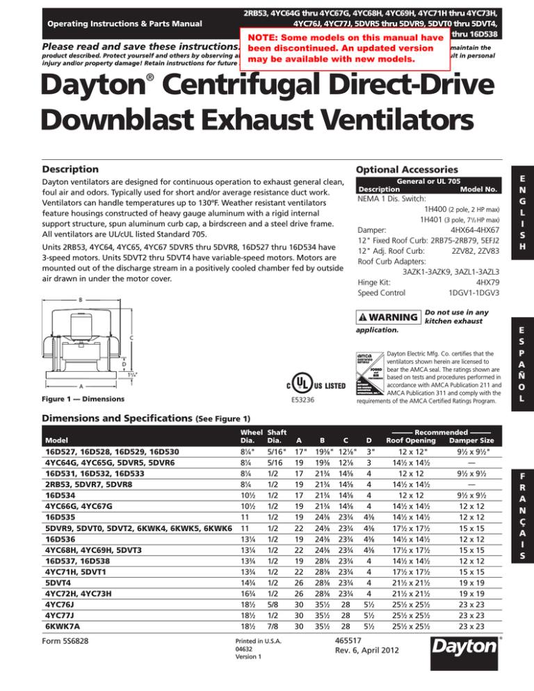 Dayton Centrifugal Direct Drive Downblast Exhaust Ventilators Manualzz