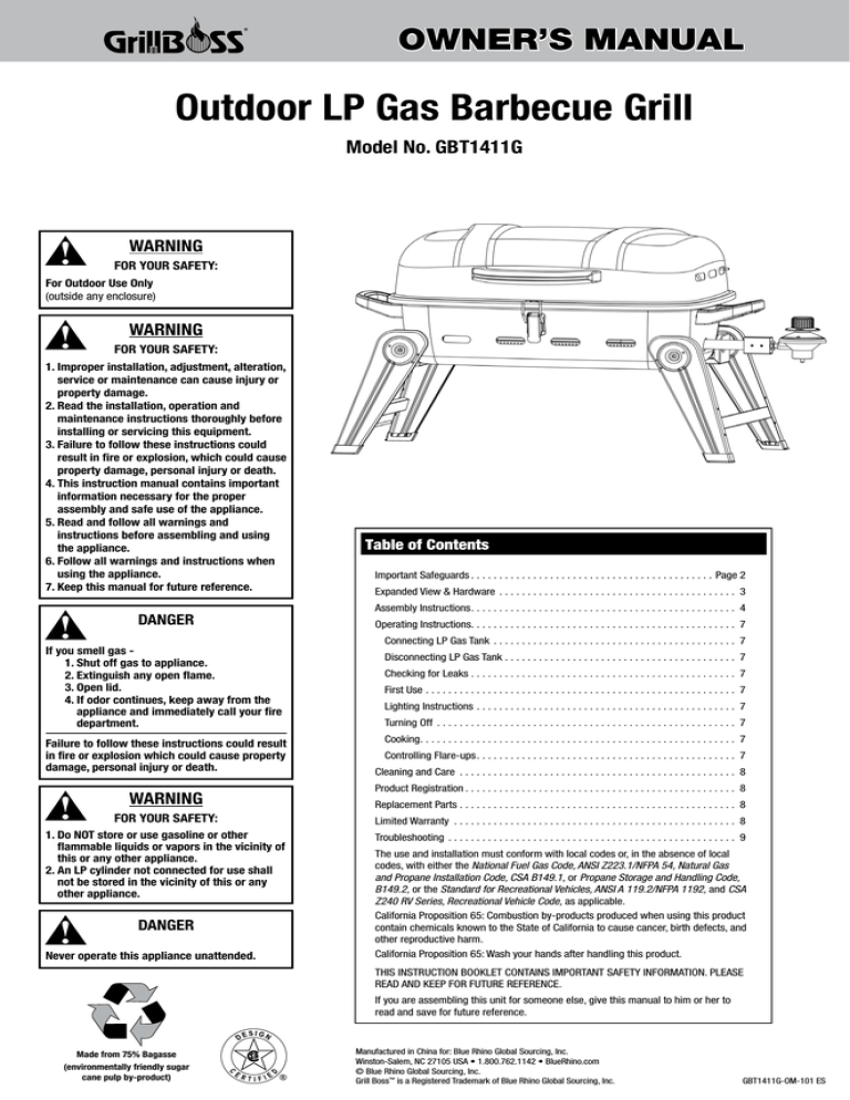 Outdoor LP Gas Barbecue Grill Model No. GBT1411G | Manualzz