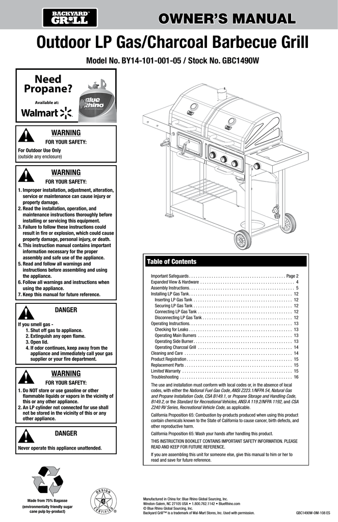 Outdoor LP Gas/Charcoal Barbecue Grill Model No | Manualzz