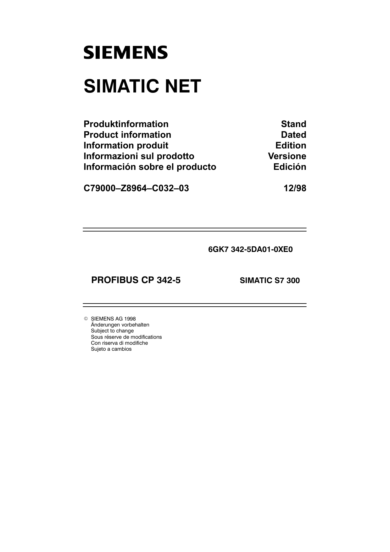 Siemens Simatic Connettore Profibus tipo 6es7 972-0bb10-0xa0