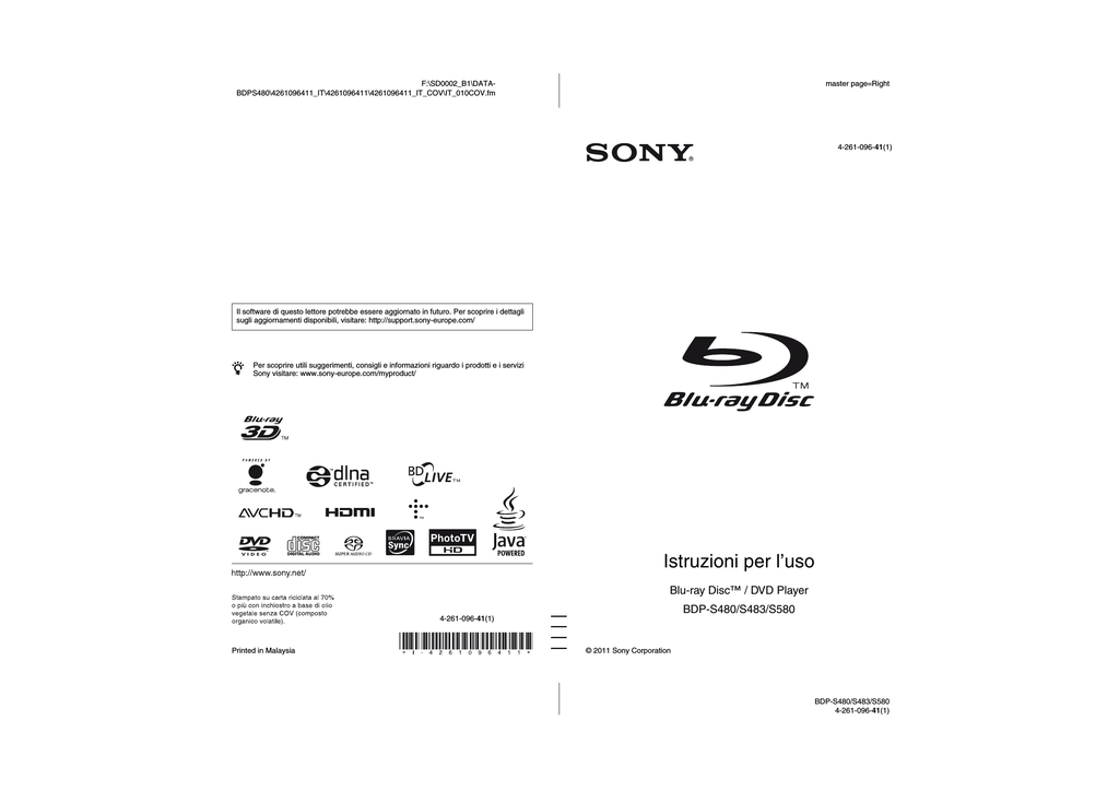 Sony BDPS580 Istruzioni per l'uso Manualzz