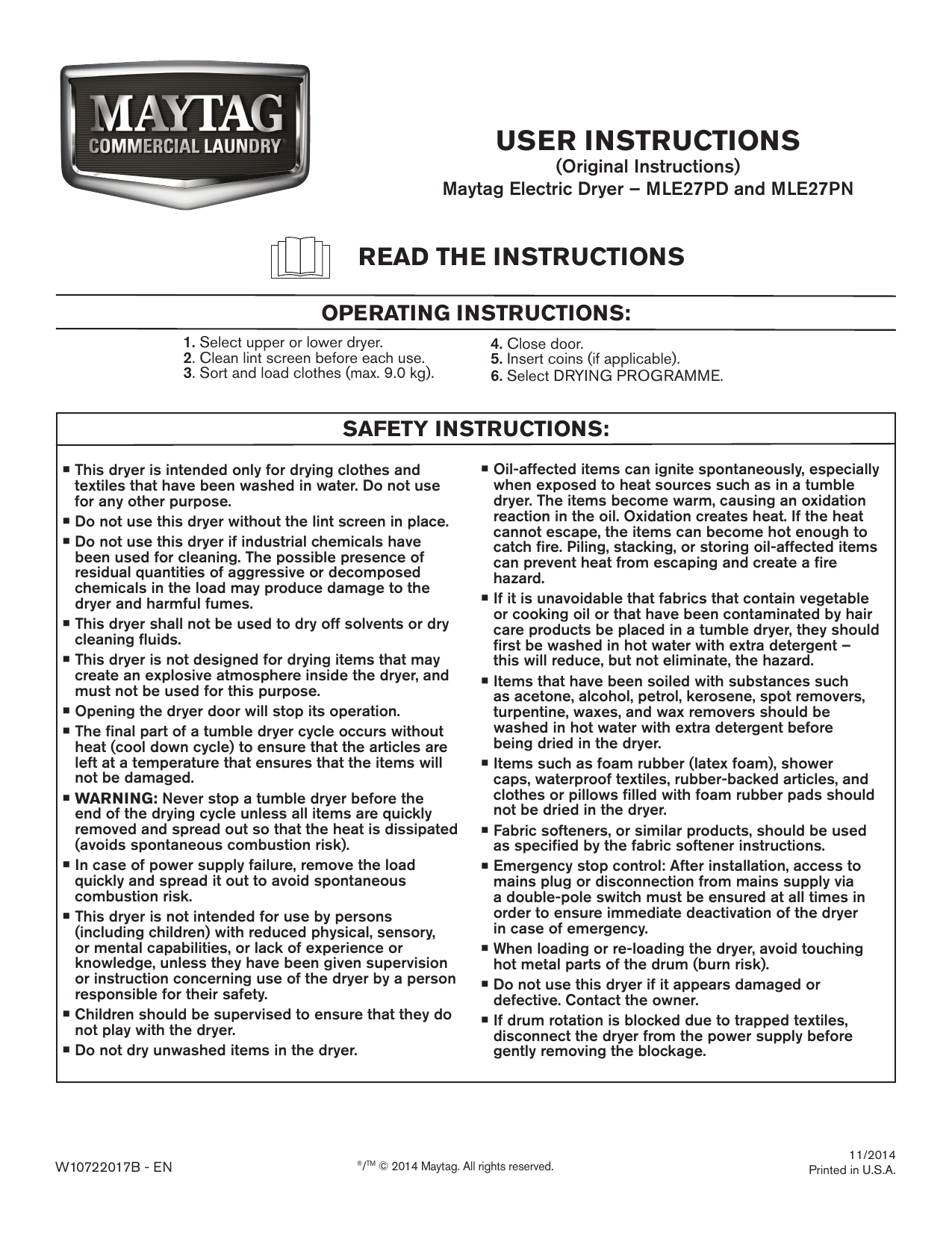 USER INSTRUCTIONS Maytag Commercial Laundry Manualzz