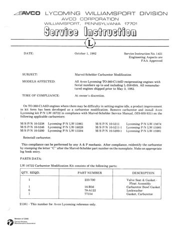 Lycoming Service Instructions 1421 Manualzz