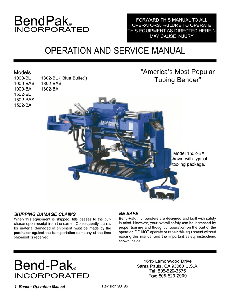 BendPak BB1 Blue Bullet Exhaust Pipe Bender Owner's Manual Manualzz