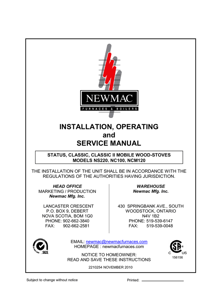 NewMac NC100 Installation, Operating And Service Manual | Manualzz