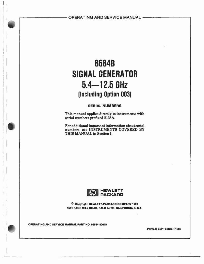 Hewlett Packard Operating & Service Manual for the 8654A Signal Generator 