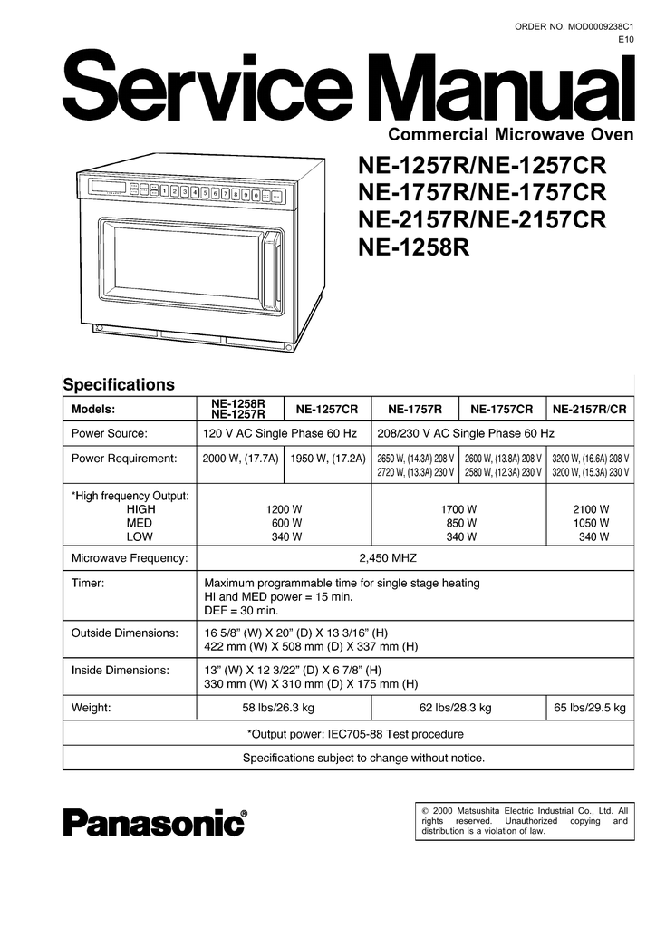 Panasonic Microwave NE1757R, NE1757CR, NE2157CR, NE1258R, NE2157R, NE1257CR, NE1257R User