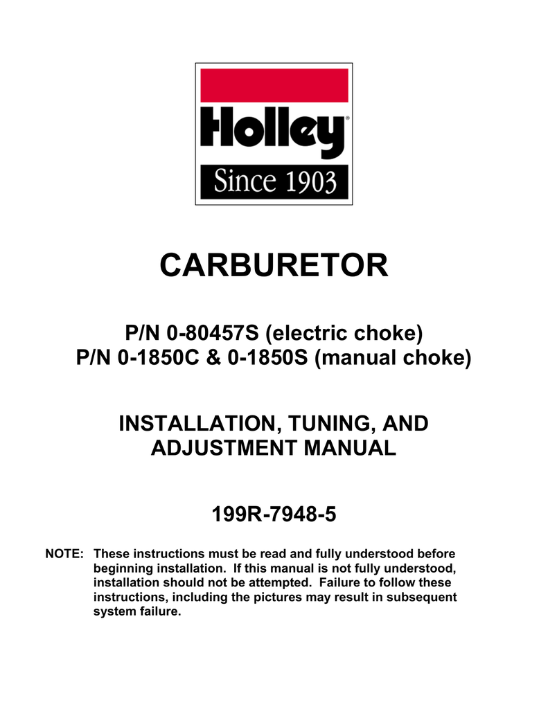 Holley 01850S Carburetor Installation Instructions Manualzz