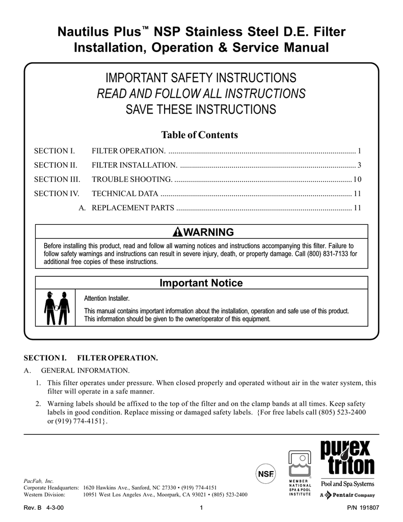 pac fab nautilus stainless steel de filter manual