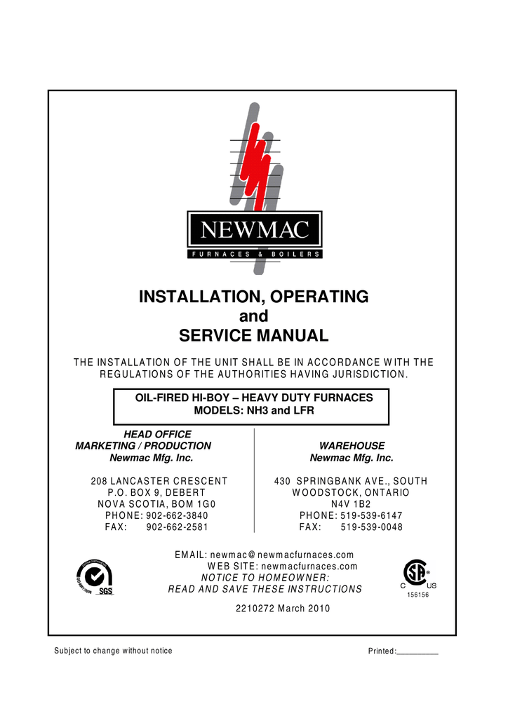 INSTALLATION, OPERATING and SERVICE MANUAL | Manualzz