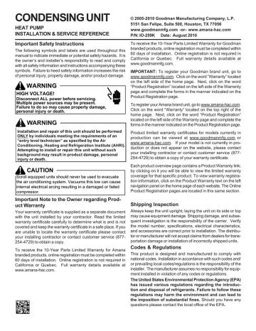 Goodman Gsz Gsz13 Series 13 Seer 2 Tons Single Stage R 410a 1 6 Hp Heat Pump Condenser Installation Manual Manualzz
