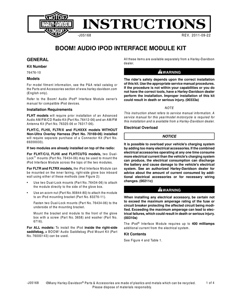 Boom! Audio Ipod Interface Module Kit Instruction Harley Manualzz